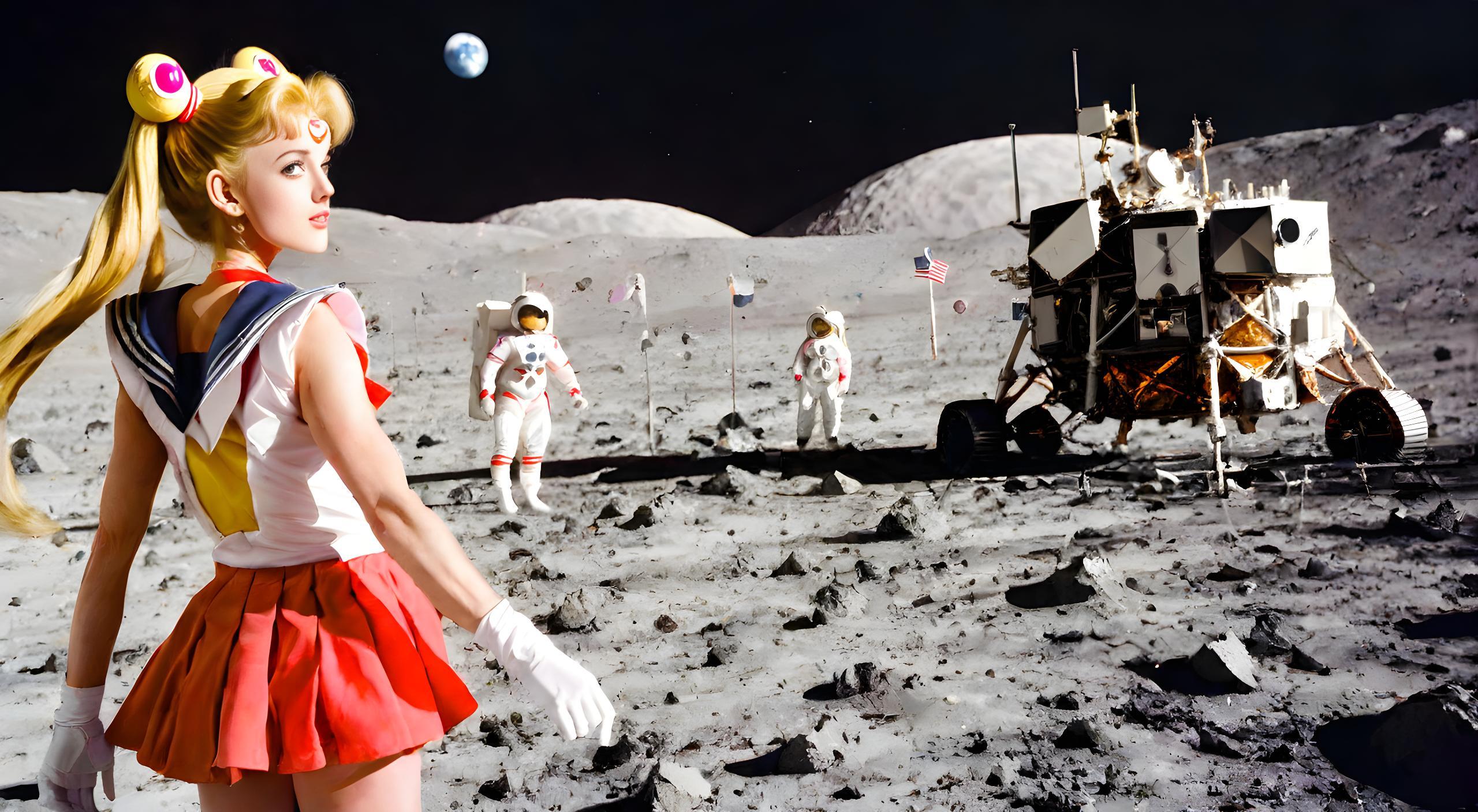 a historical film still of Sailor Moon with astronauts landed on the moon first time in 1969. film photography style, HDR