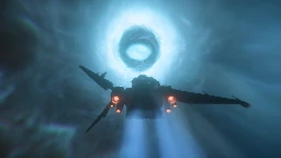 In-game screenshot of a corsair entering a jump point in Star Citizen.