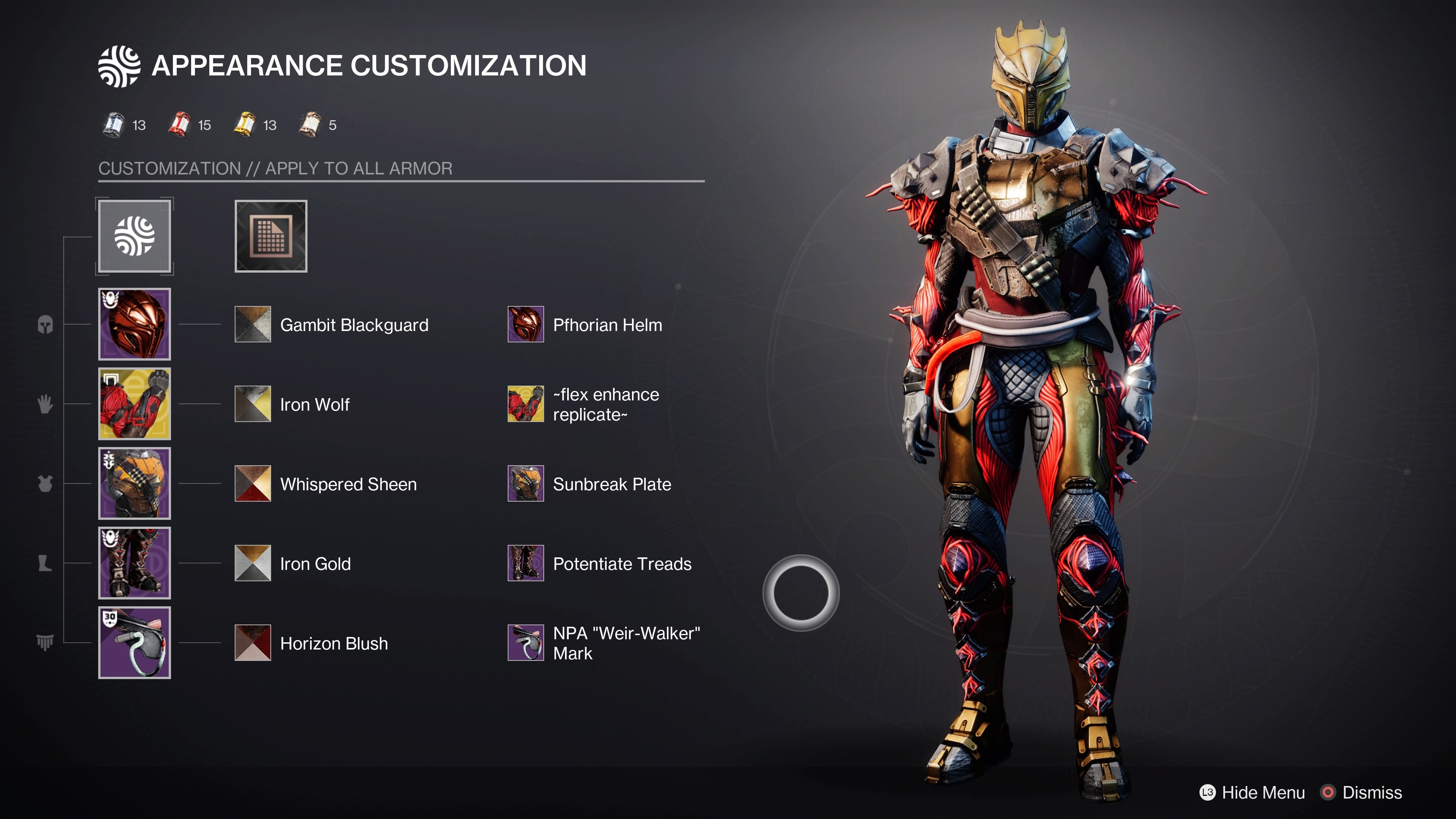 Destiny 2 armor customization screen. Titan in a red and gold Siva theme. 