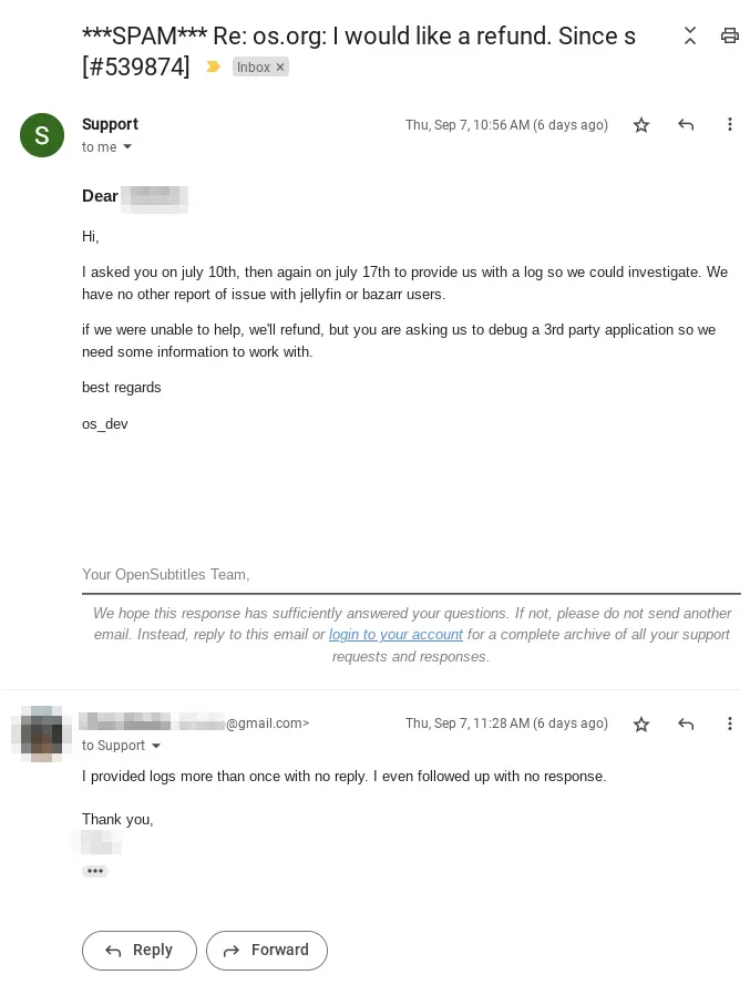 Email response from OpenSubtitles support being aggressive and accusatory