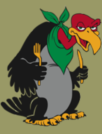 cartoon image of vulture with fork and spoon