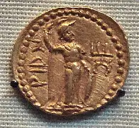 Coin from the region of what-is-now Afghanistan possibly depicting the personification of Rome (Greek lettering 'Riom'); disputed interpretation. 2nd century AD