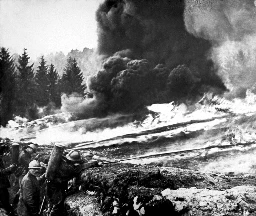 French troops in WW1 using flamethrowers from the trenches, 2671 AUC