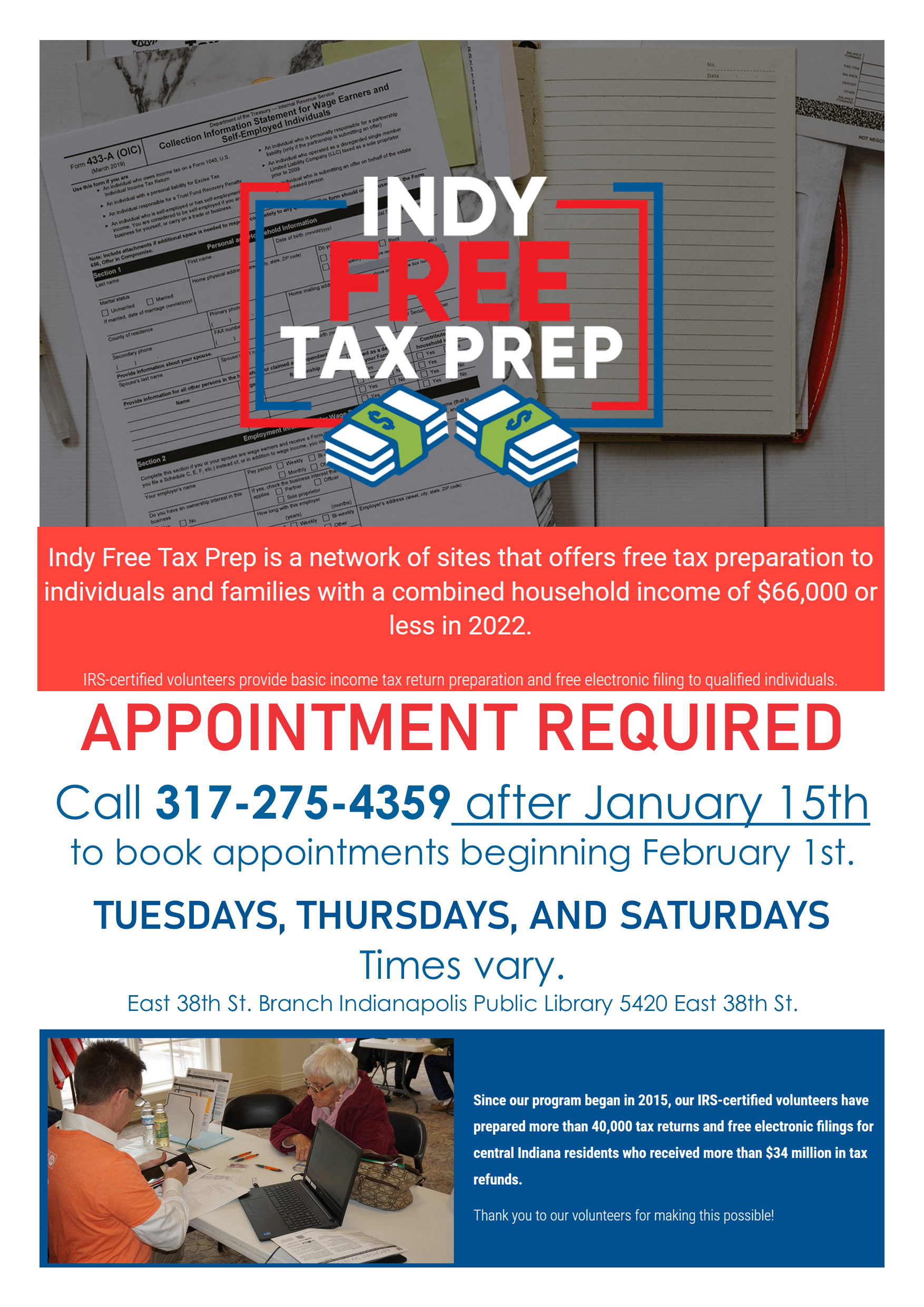 Free Tax Preparation at East 38th St. Branch, Indy Public Library