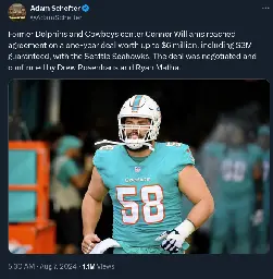 [Schefter] Former Dolphins and Cowboys center Connor Williams reached agreement on a one-year deal worth up to $6 million, including $3M guaranteed, with the Seattle Seahawks.