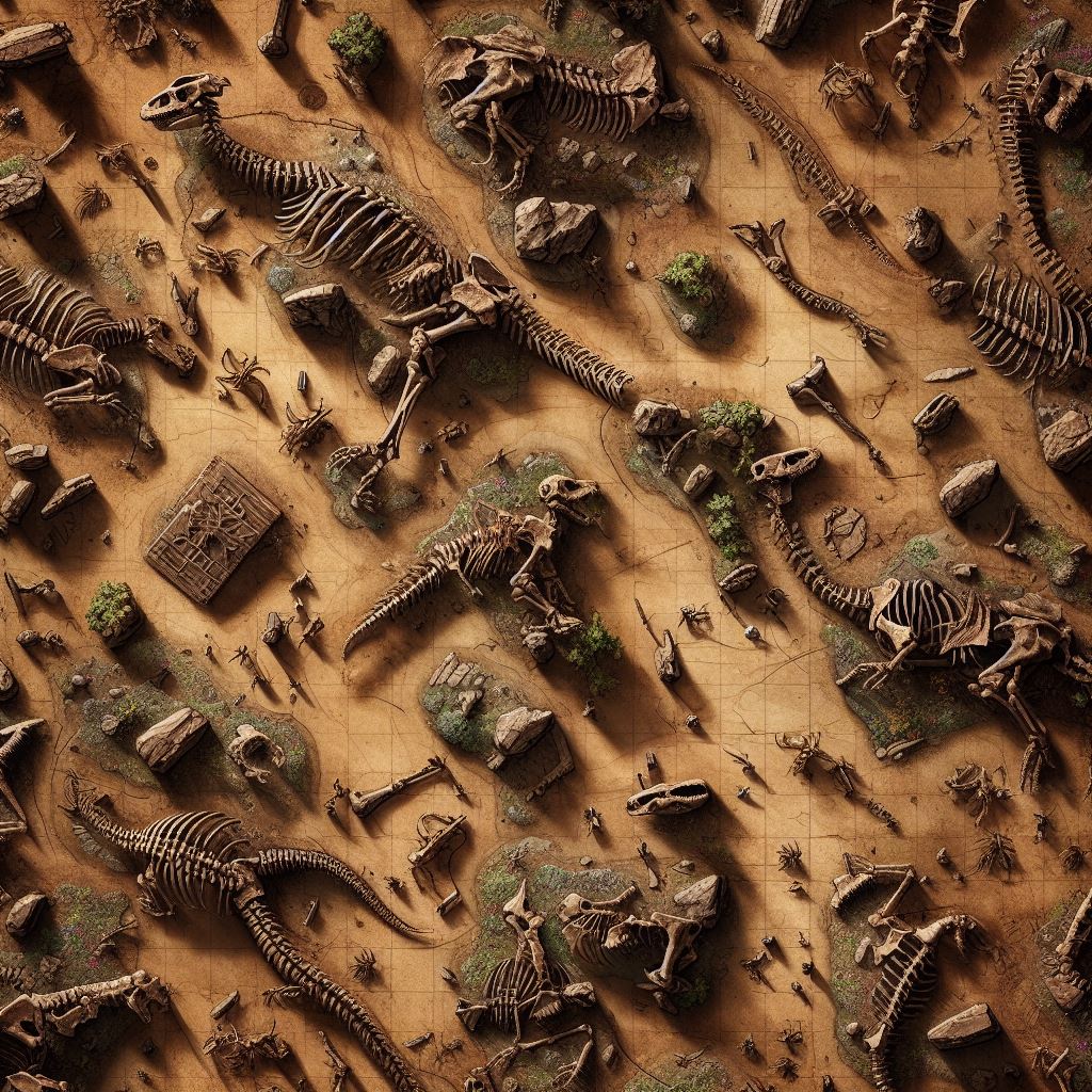 top down dungeons and dragons map of a battlefield littered with dinosaur skeletons