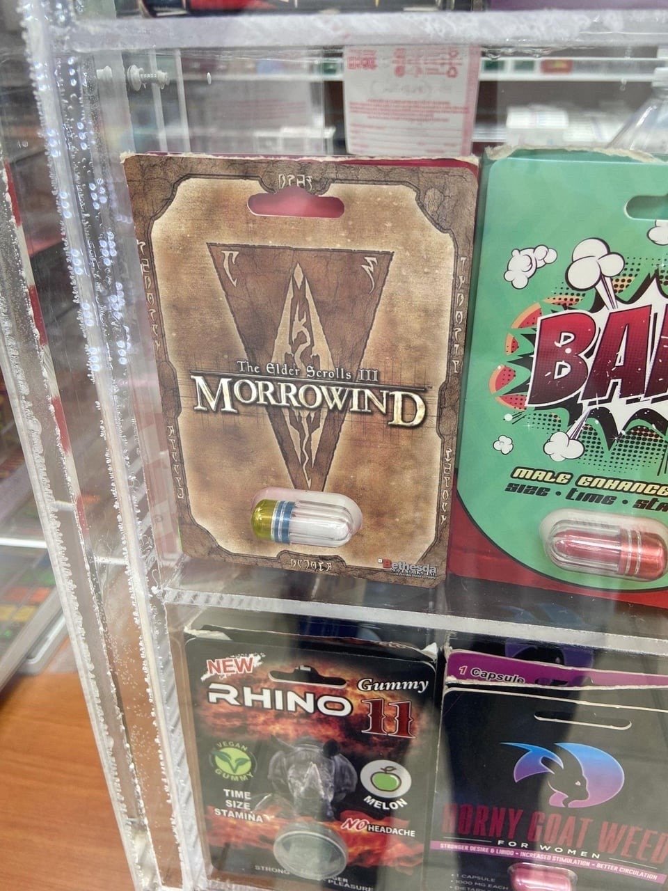 Gas station boner pill packaging that is just the cover art of the game "Morrowind"