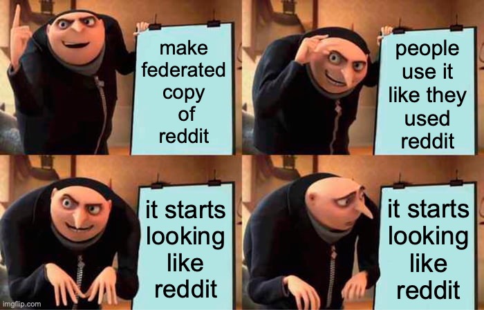 Gru giving a presentation, 4-panel meme: “Make federated copy of reddit”, “People use it like they used reddit”, “It starts looking like reddit”, and Gru looks dismayed at the last slide: “It starts looking like reddit”