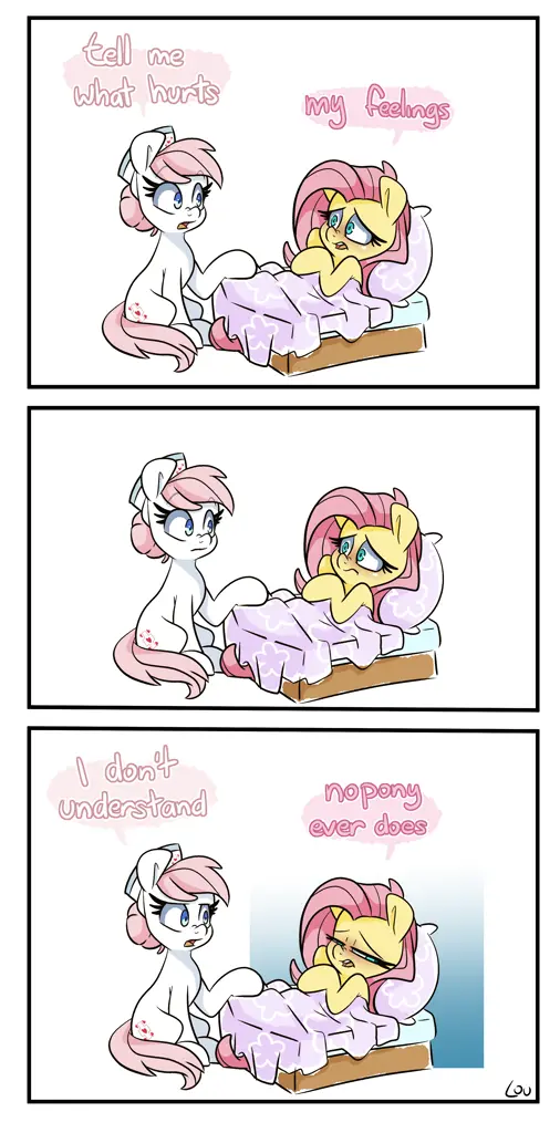 #3391309 - safe, artist:lou, fluttershy, nurse redheart, earth pony, pegasus, pony, g4, bed, blushing, comic, dialogue, duo, duo female, eye contact, female, folded wings, looking at each other, looking at someone, looking away, mare, meme, open mouth, sad, speech bubble, unamused, wings - Derpibooru