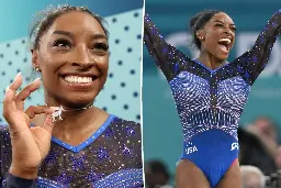 Simone Biles shows off bedazzled goat necklace as she wins sixth Olympic gold medal in Paris