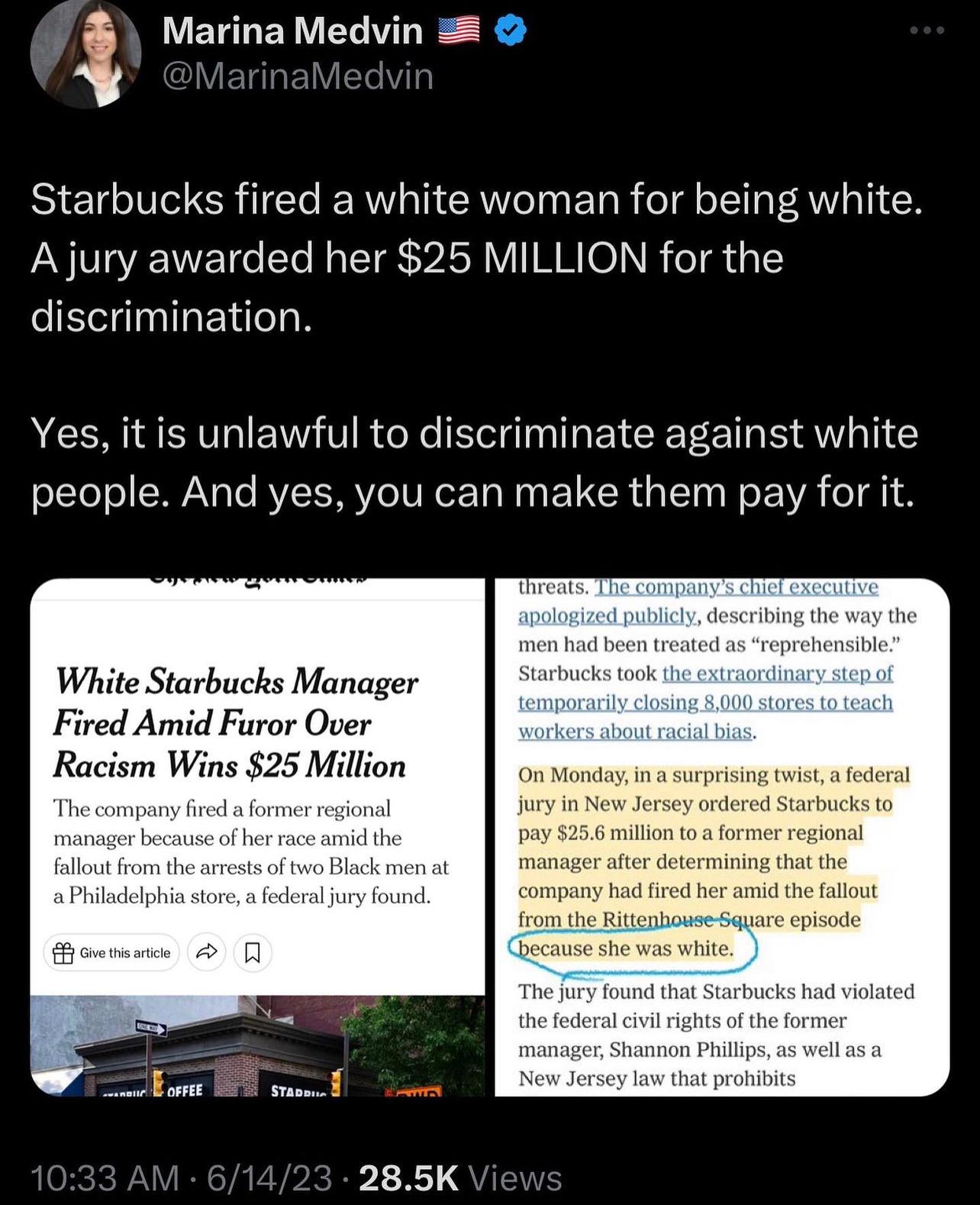 Starbucks found guilty for firing a women for being white and must pay 25 Million