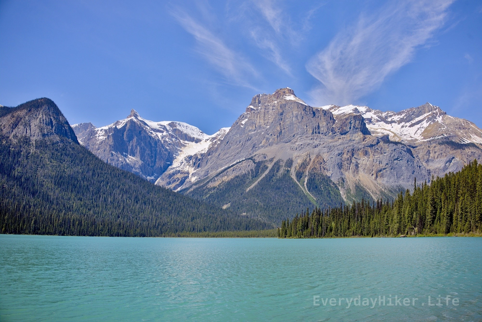 Looking Northeast from the south side of the appropriately named Emerald lake.  Various peaks along the President range of the Waputik mountains may be seen. 