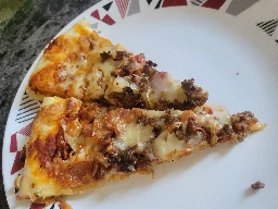 [Homemade] pizza with ground beef, bacon and onions .