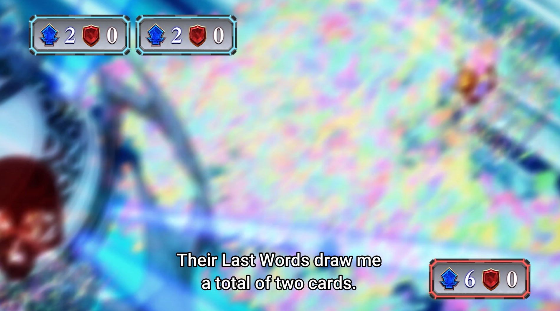 Screenshot of Shadowverse Flame episode 54. Two Analyzing Artifacts attack opponent followers and get destroyed themselves. Subtitle: "Their Last Words draw me (sic) a total of two cards."