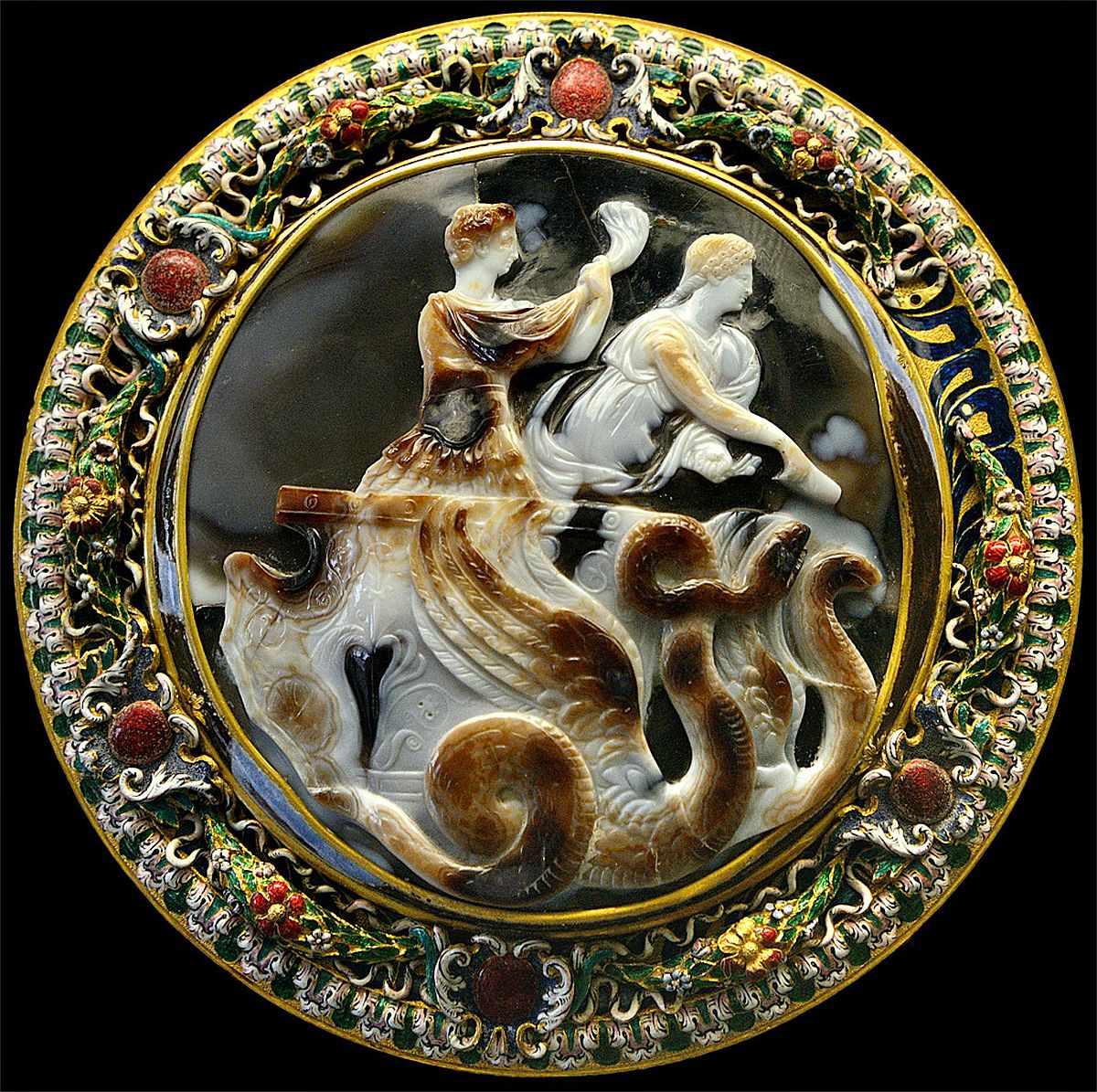 Roman cameo showing Emperor Claudius and his wife pulled in a snake chariot, ~45 AD