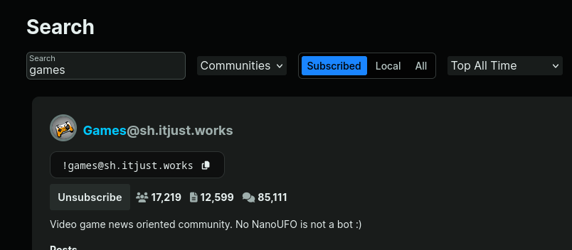 screenshot of a community search for 'games'