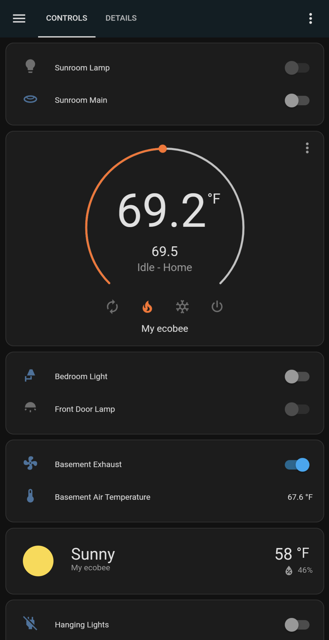 Image of Home Assistant control panel with options to turn lights and thermostat on and off.