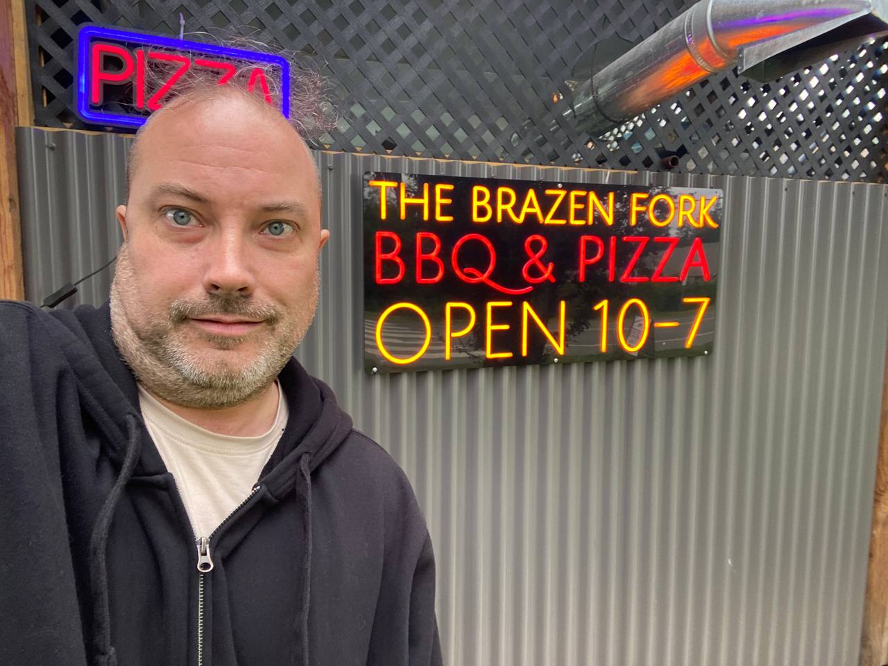 Selfie with The Brazen Fork sign.