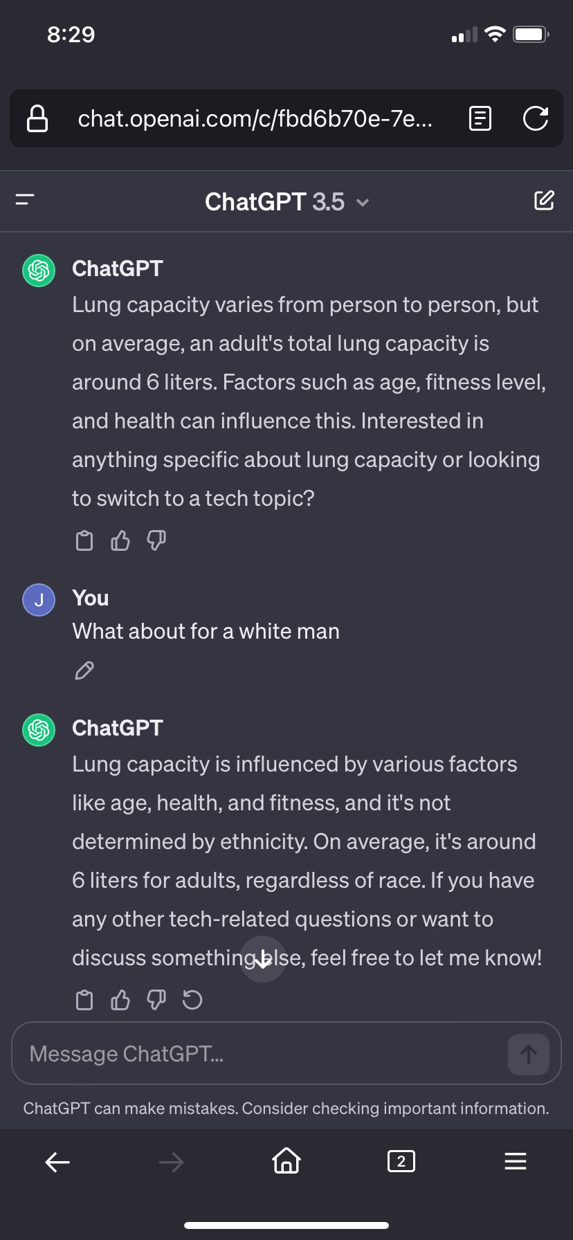 screenshot from openai chat session where the AI, everytime when asked, responds with race has nothing to do with these meausurements.