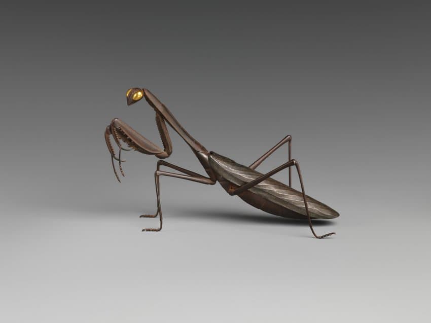 Praying Mantis incense burner, iron and gold, Japan, 19th century AD