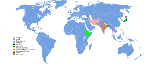 map displaying different calendars used around the world, with Gregorian being most dominant