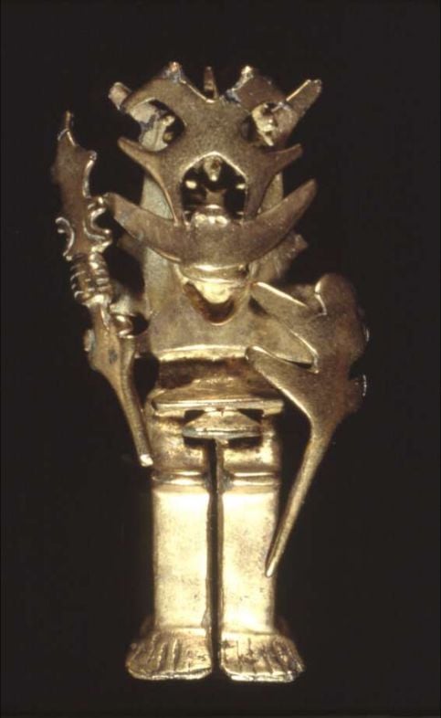 Pendant of a warrior-shaman with spear and shield, Calima peoples, modern-day Colombia, between 100 BCE and 800 AD