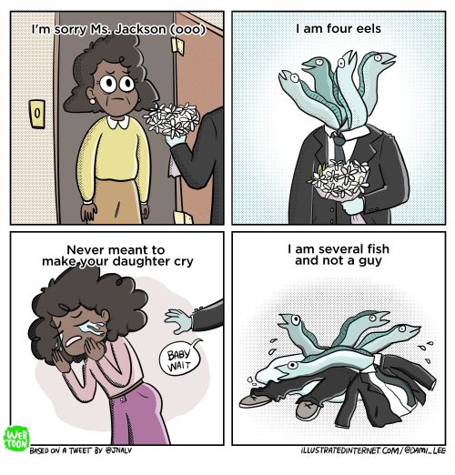 A webcomic parodying the lyrics to Ms. Jackson by Outkast, deliberately misinterpreting the words “for real” to be “four eels” and depicting a group of eels dressed in a suit trying to date Ms. Jackson’s daughter.