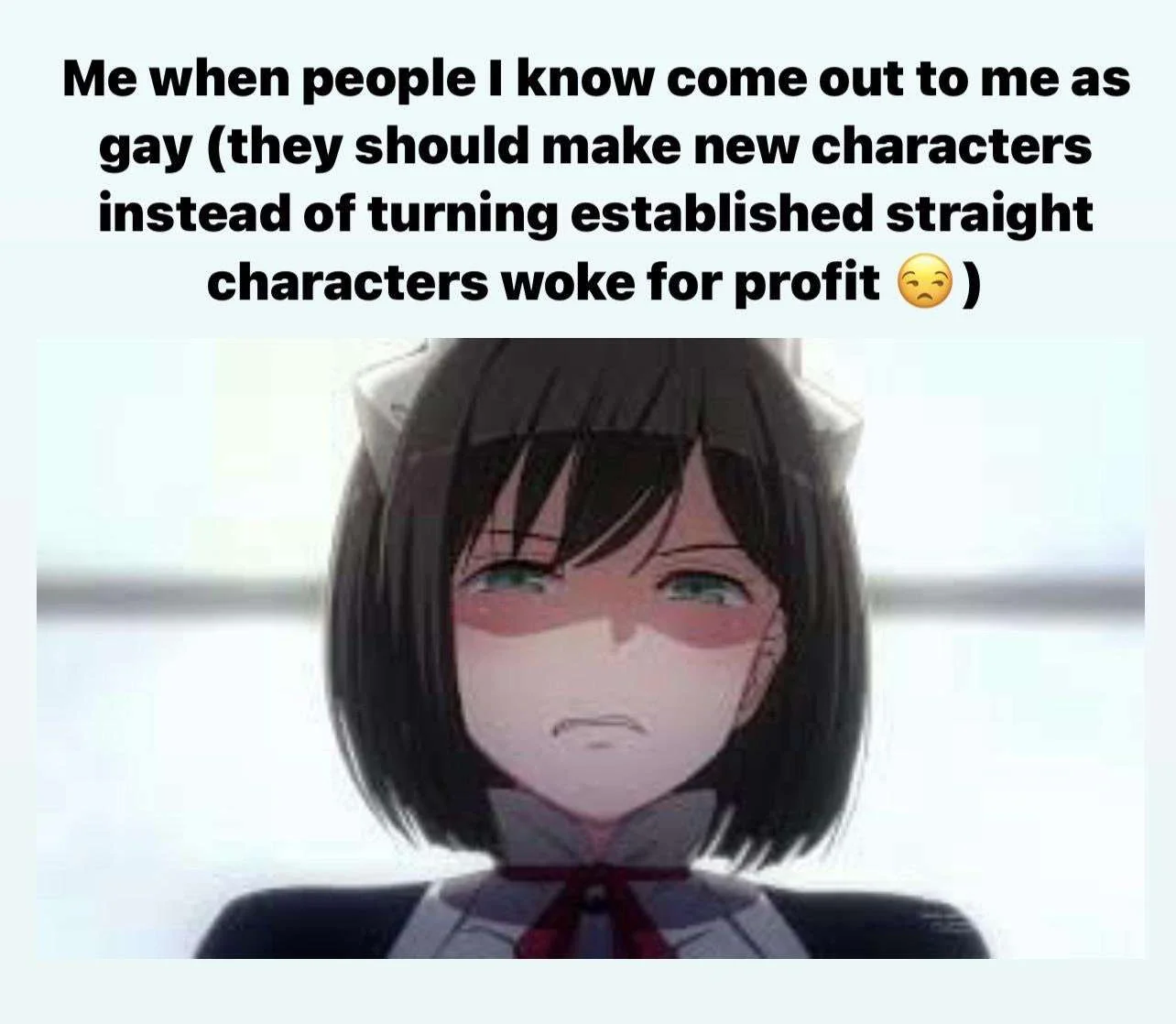 Me when people i know come out as gay (they should make new characters instead of turning established straight characters woke for profit :( )