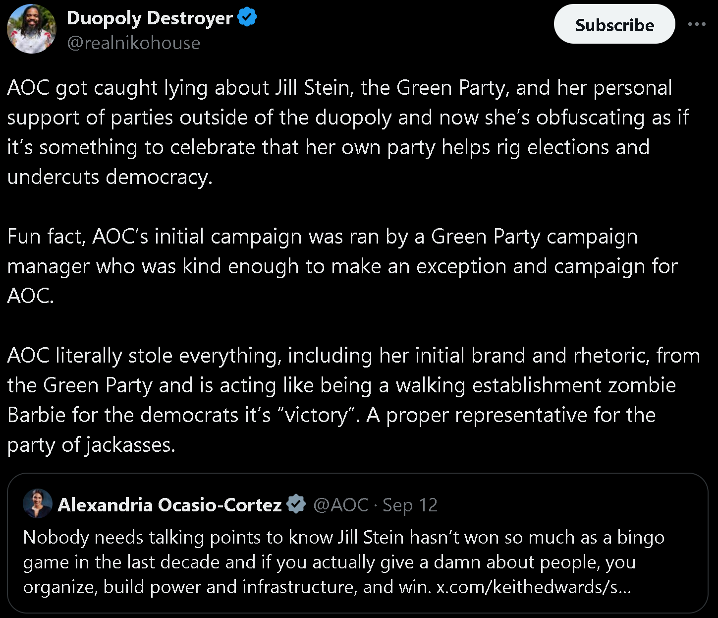 AOC got caught lying about Jill Stein, the Green Party, and her personal support of parties outside of the duopoly and now she’s obfuscating as if it’s something to celebrate that her own party...