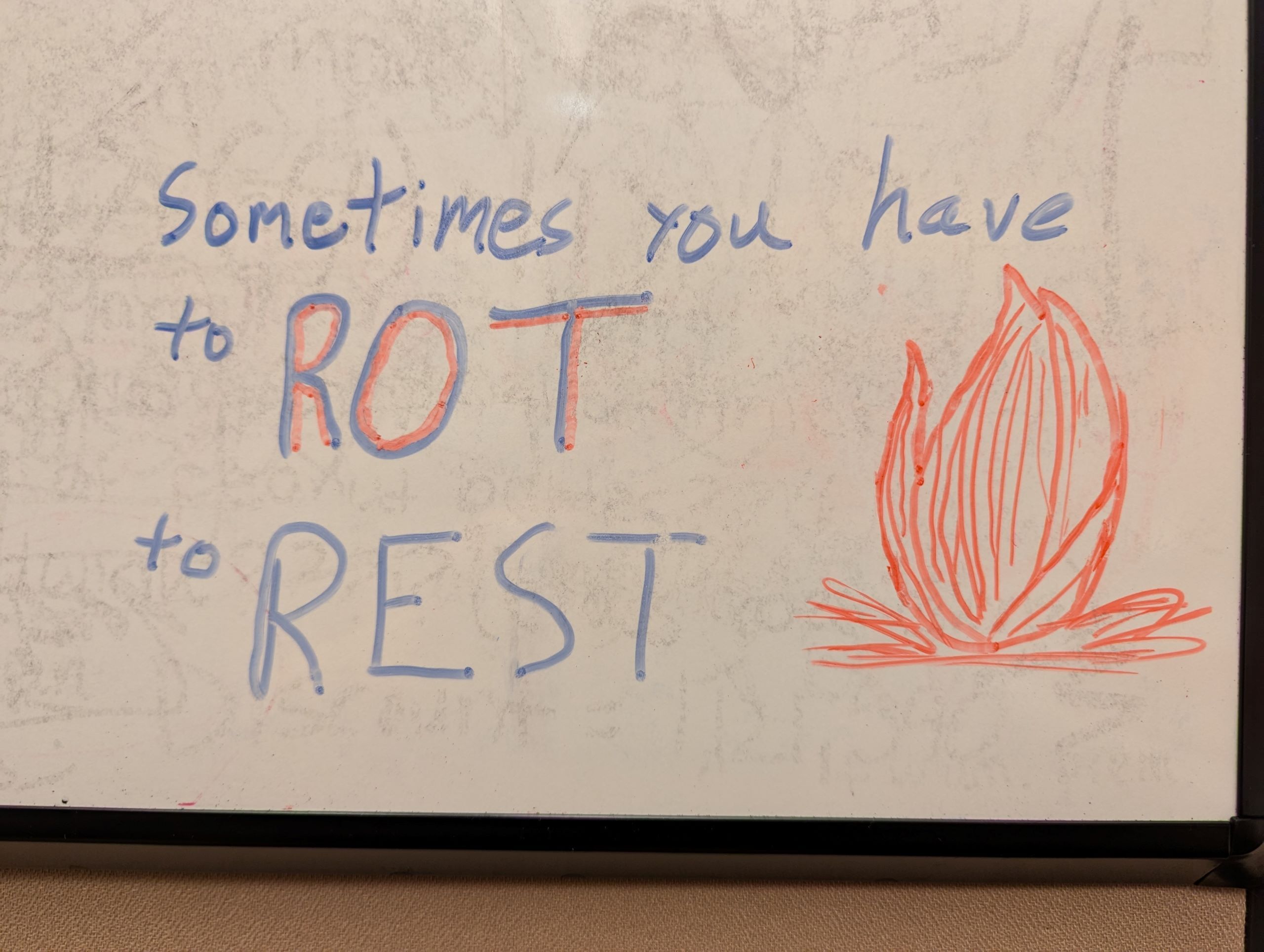 A message on a whiteboard reads "Sometimes you have to ROT to REST" next to a drawing of scarlet aeonia 