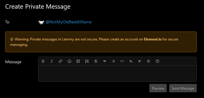 Image of private messaging within Lemmy showing that the messages are not secure