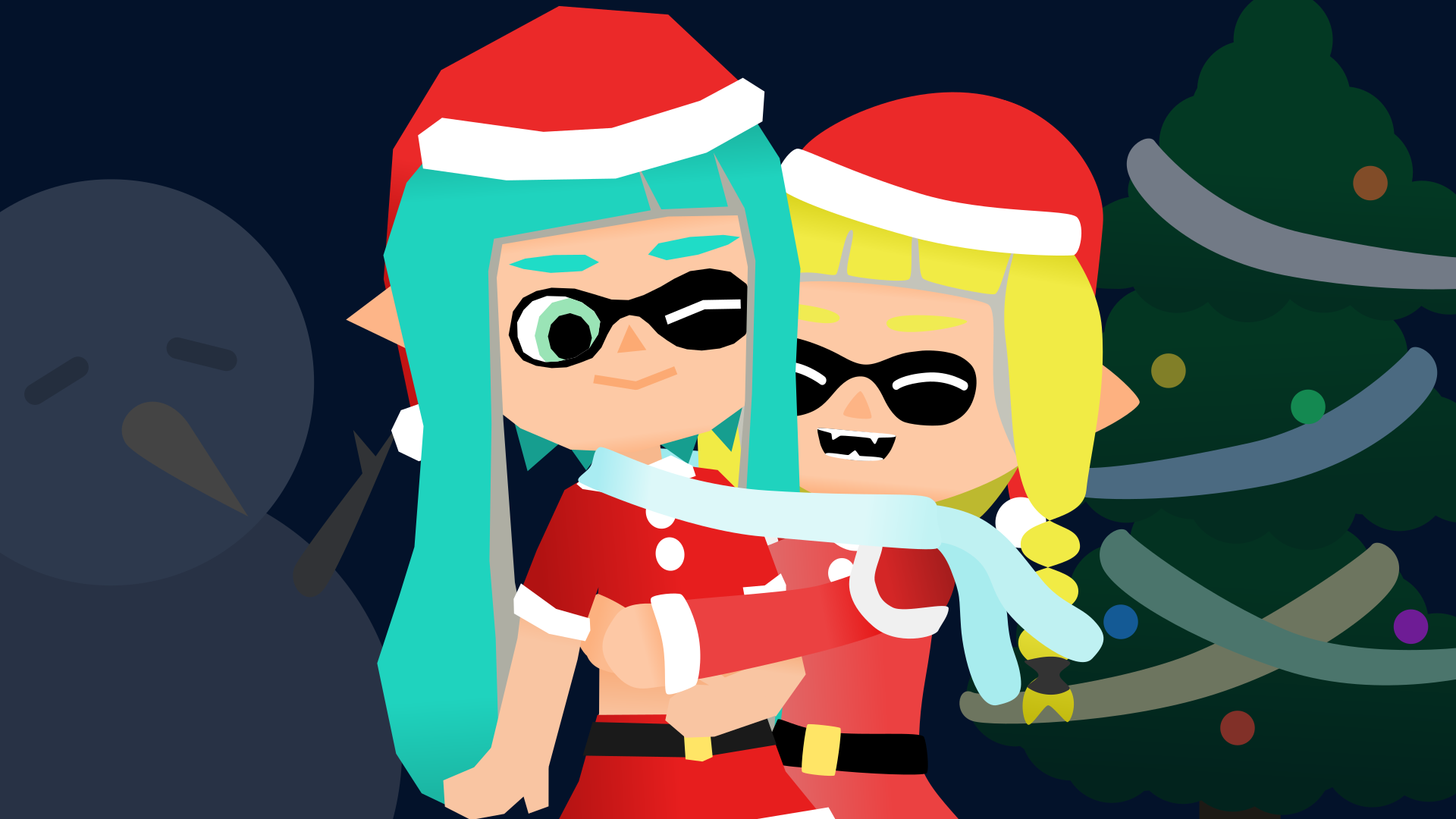 Two inklings hugging in Christmas clothes