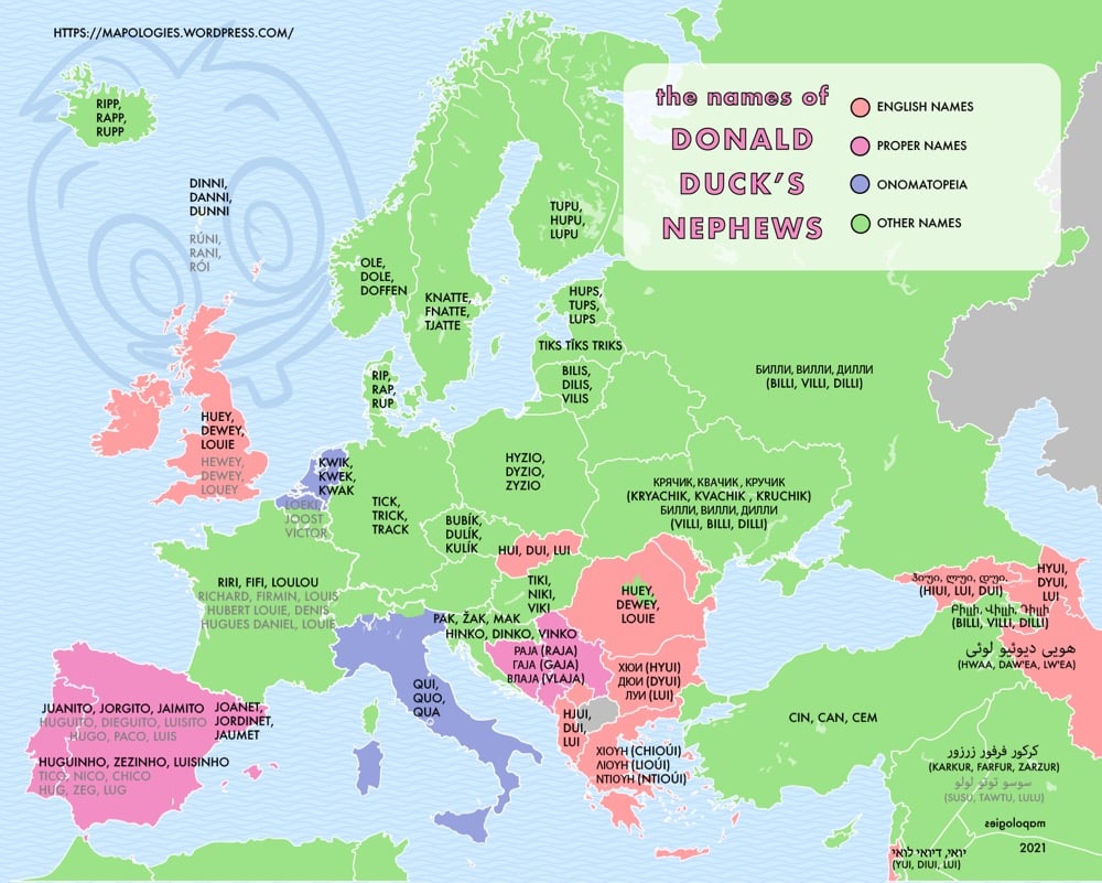 Map of names of Donald Duck nephews in Europe