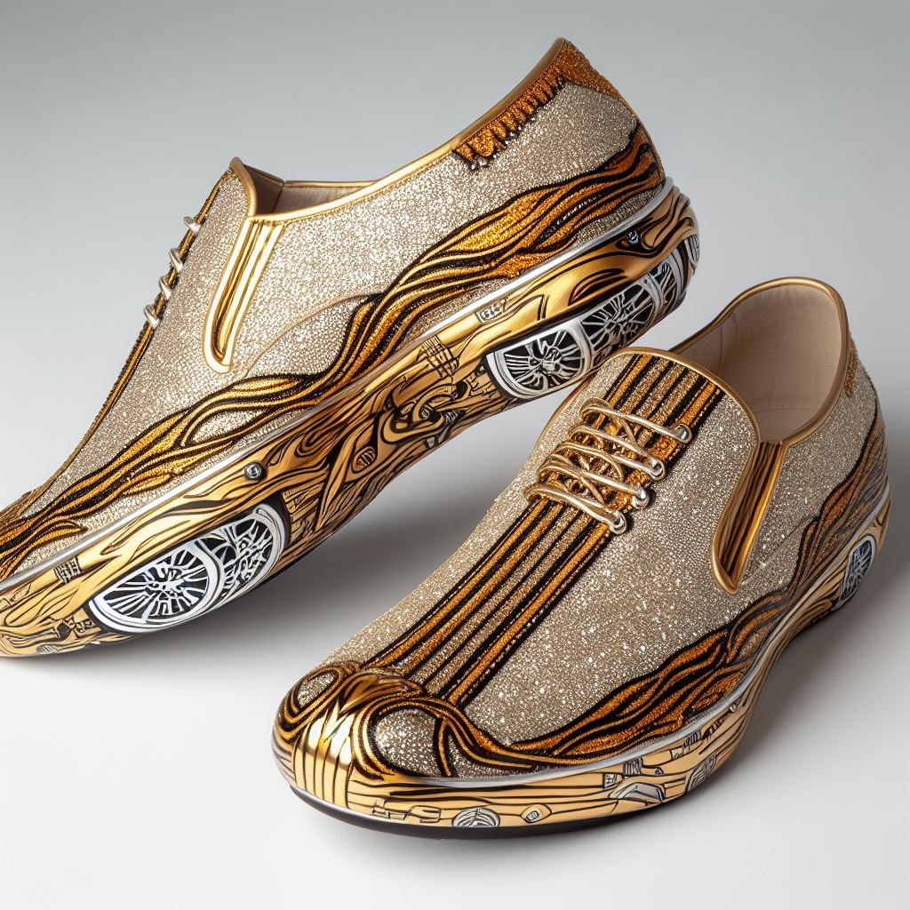 a pair of sparkly shoes with golden, that are decorated with automotive inspired pinstriping designs all over, including in the treads on the soles