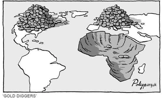 A map of the world with Africa excavated and gold piled atop Europe and North America.