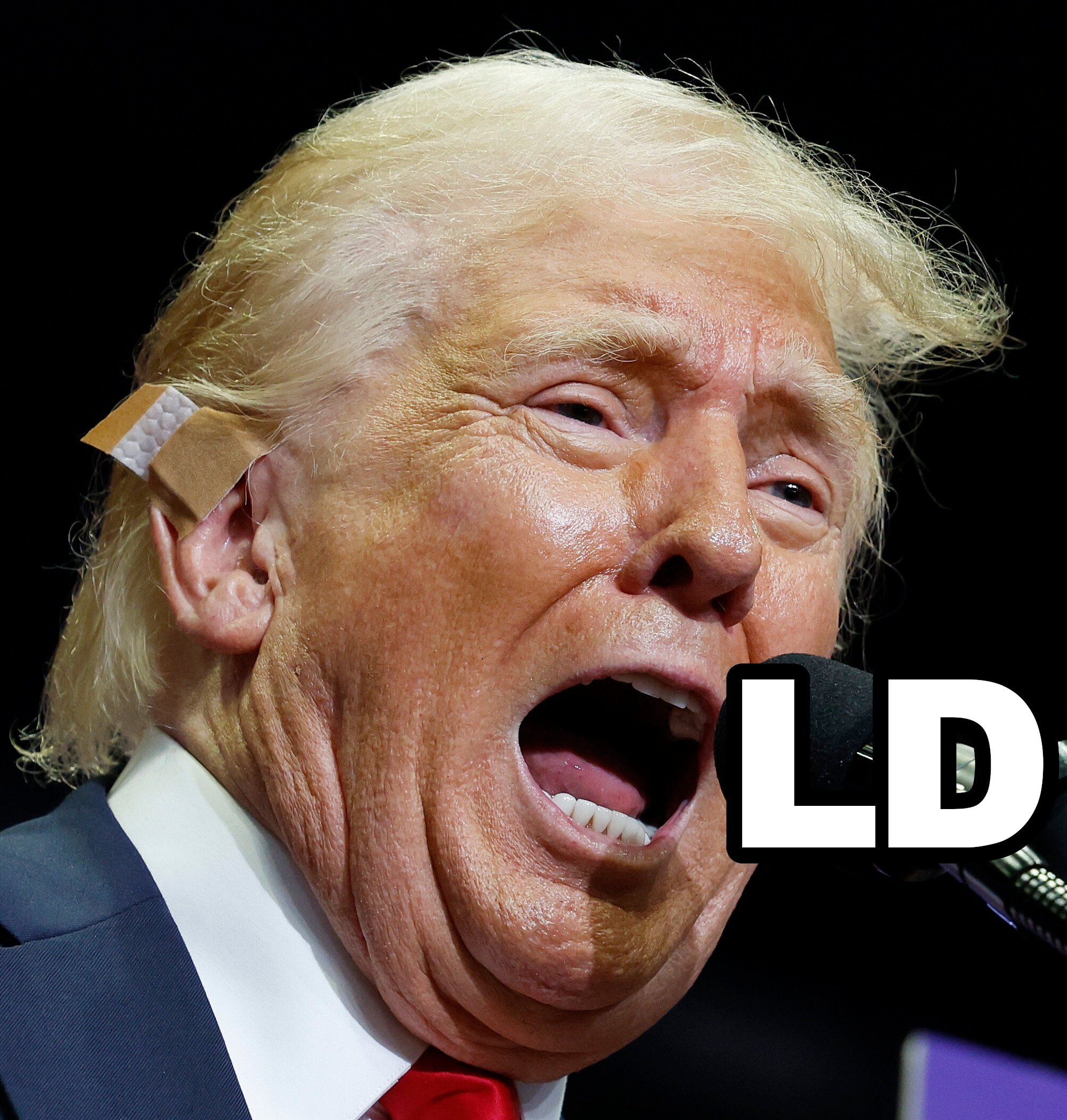 Photo of Donald Trump shouting, his mouth forming a near-perfect O shape. To the right of his O shaped mouth, the letters L and D have been added to form the word "OLD."