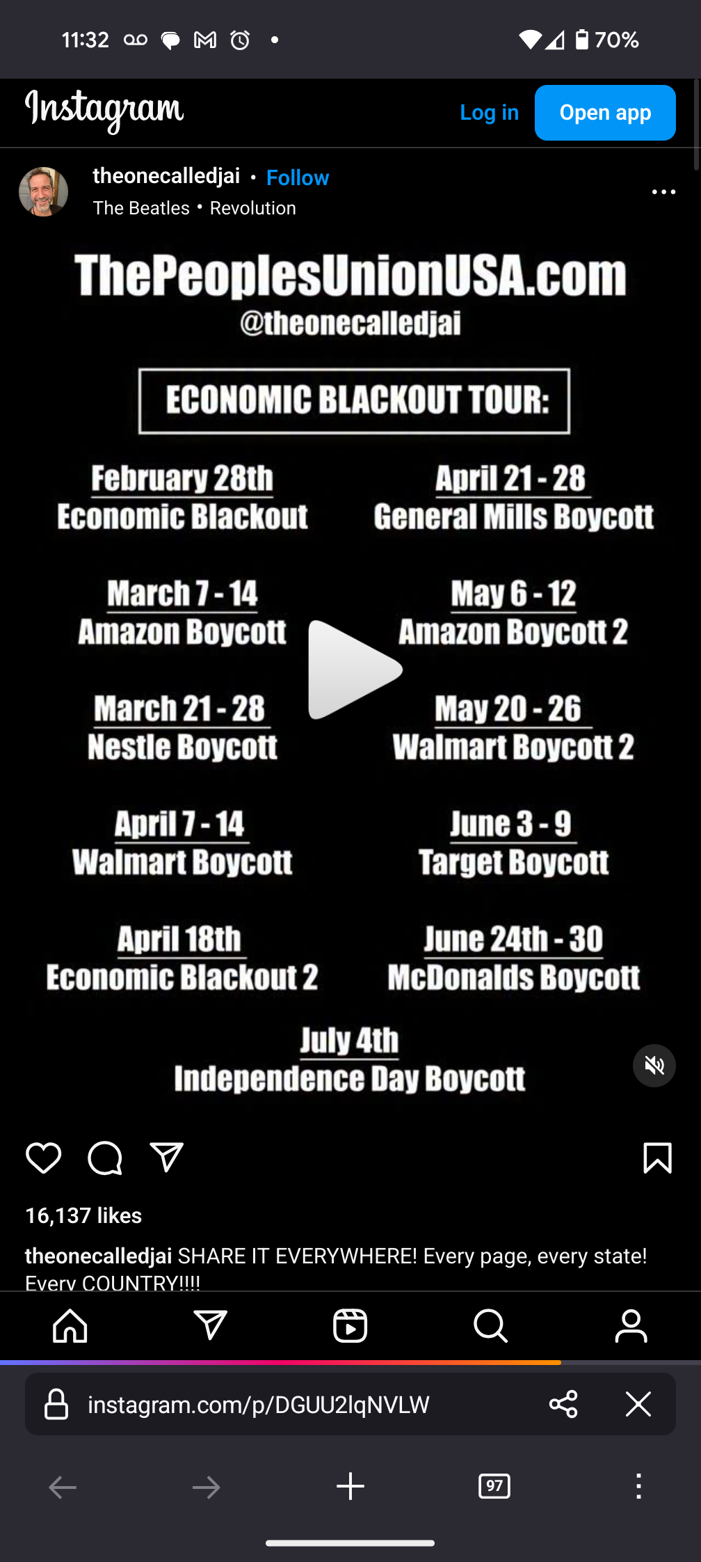 economic blackout: Feb 28th, Amazon boycott: March 7-14, Nestle boycott: March 21-28, Walmart Boycott: April 7-14, economic blackout 2: April 18th, General Mills Boycott: April 21-28, Amazon boycott 2: May 6-12, Walmart Boycott 2: May 20-26, Target Boycott: June 3-9, McDonald's Boycott: June 24-30, Independence Day Boycott: July 4th