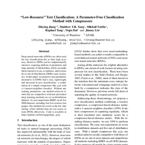 “Low-Resource” Text Classification: A Parameter-Free Classification Method with Compressors