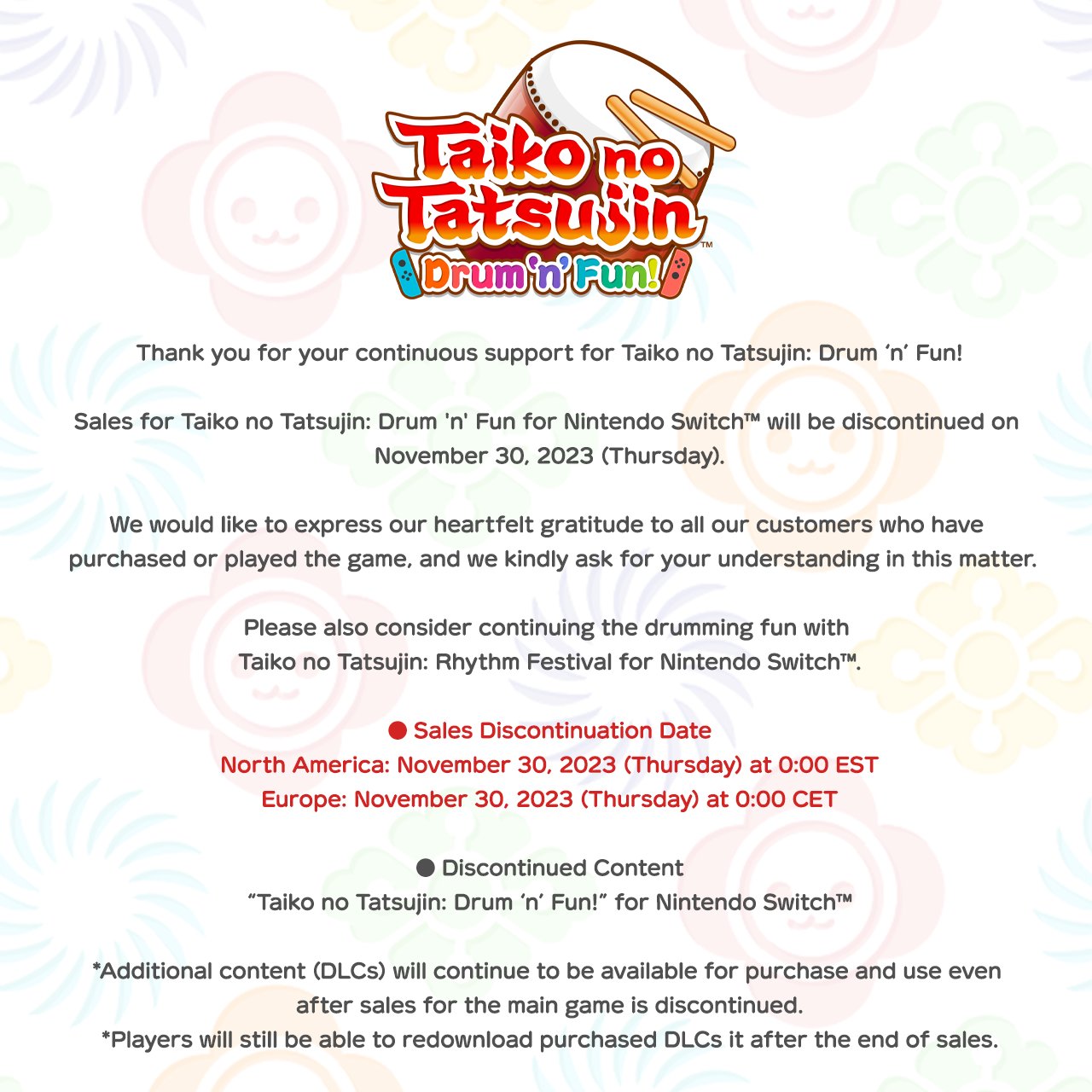 Bandai Namco Ending Sales Of Taiko no Tatsujin: Drum 'n' Fun! from November 30.