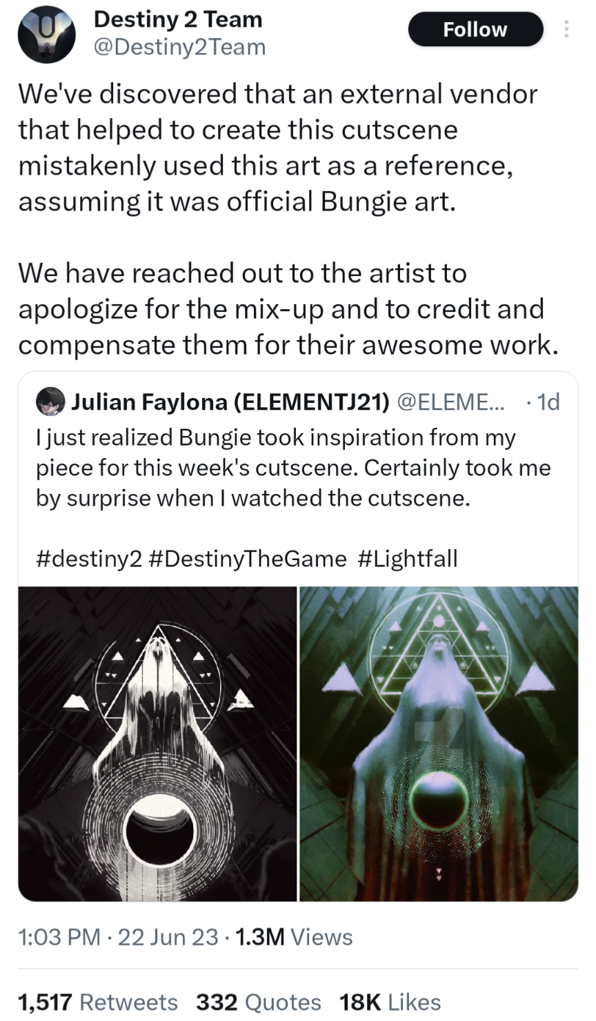 Destiny 2 Team on Twitter resolved the stolen art issue