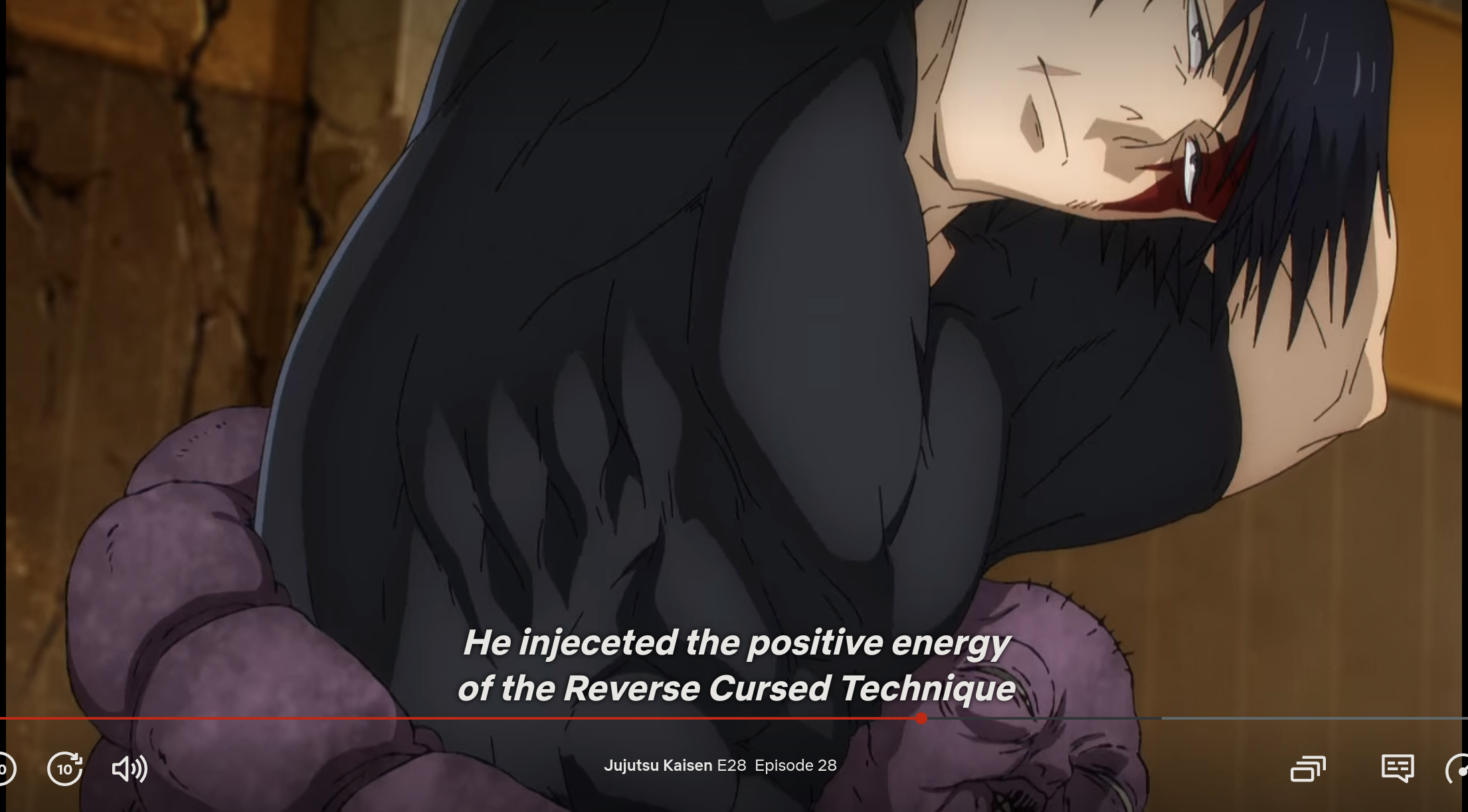 Screenshot of Jujutsu Kaisen episode 28. Tōji Fushiguro stretching his muscles. Subtitle: "He injeceted (sic) the positive energy of the Reverse Cursed Technique"