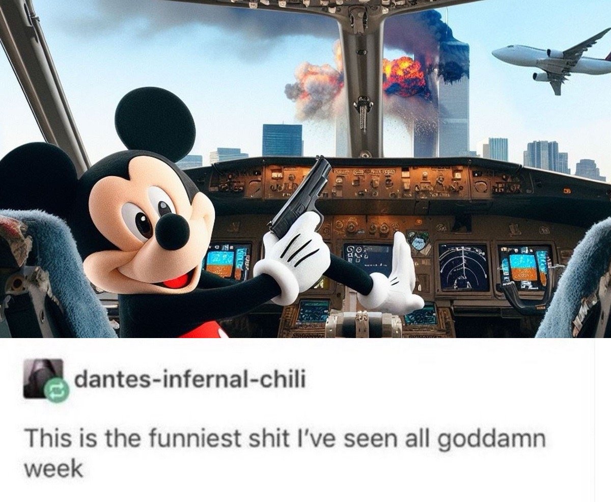 An AI generated image of Mickey Mouse in a plane cockpit, flying towards the Twin Towers. Mickey is turned around to face the viewer, and is holding a handgun while smiling. The towers in the distance are burning. The image has a comment from a user named “Dante’s-infernal-chili, saying “This is the funniest shit I’ve seen all goddamn week”