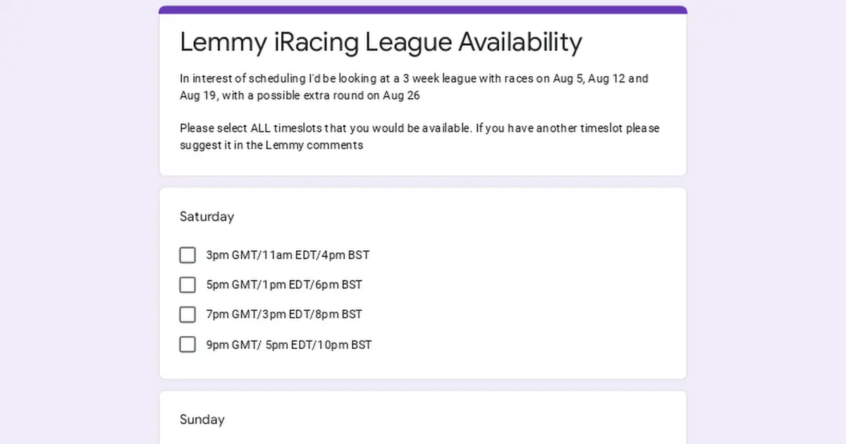 Lemmy iRacing League Availability