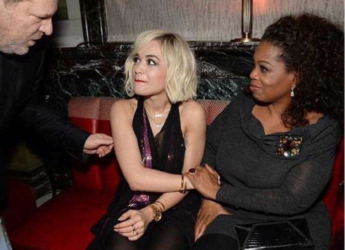 Oprah Winfrey introducing a scared-looking Rita Ora to Harvey Weinstein