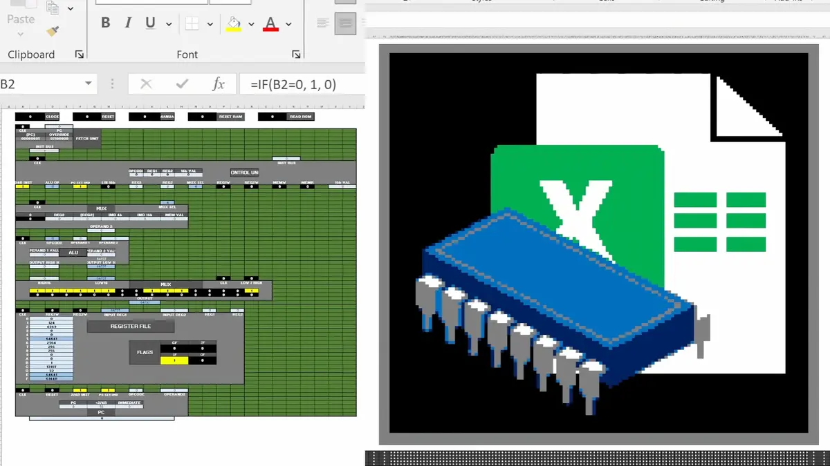 Functional 16-bit CPU built and runs in Excel, 3Hz processor includes 128KB of RAM, 16-color display, and a custom assembly language