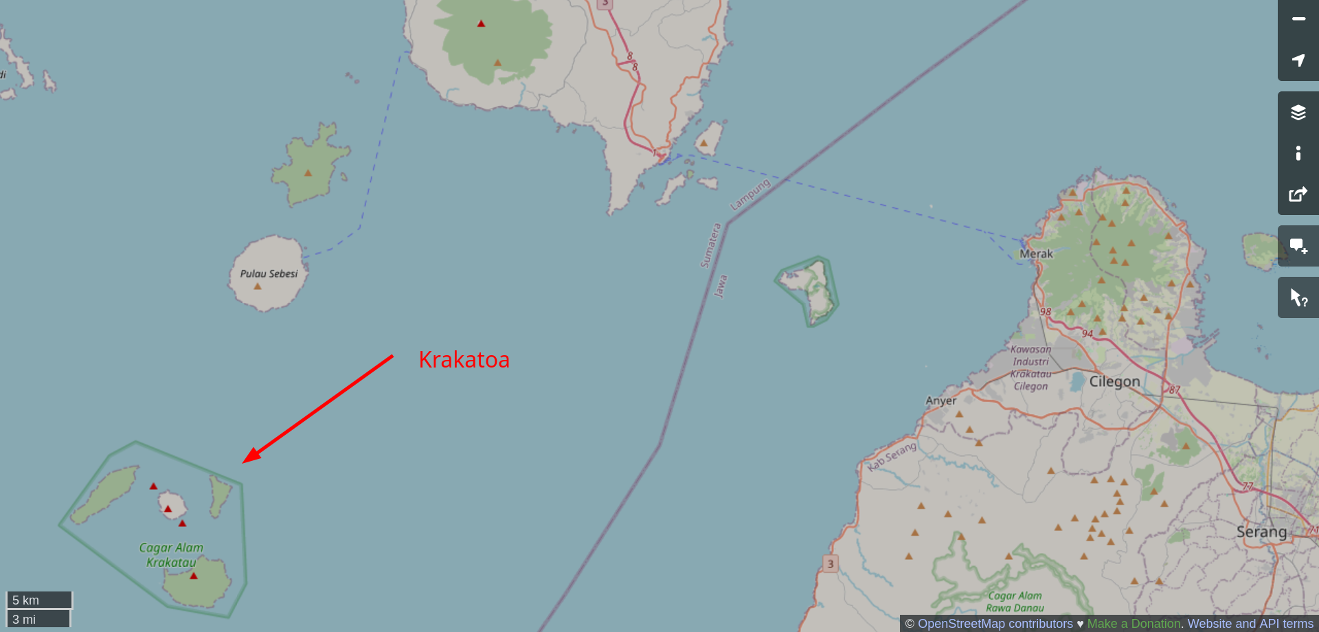 Map of the location surrounding the planned bridge, with arrow left bottom corner indicating Anak Krakatau's location