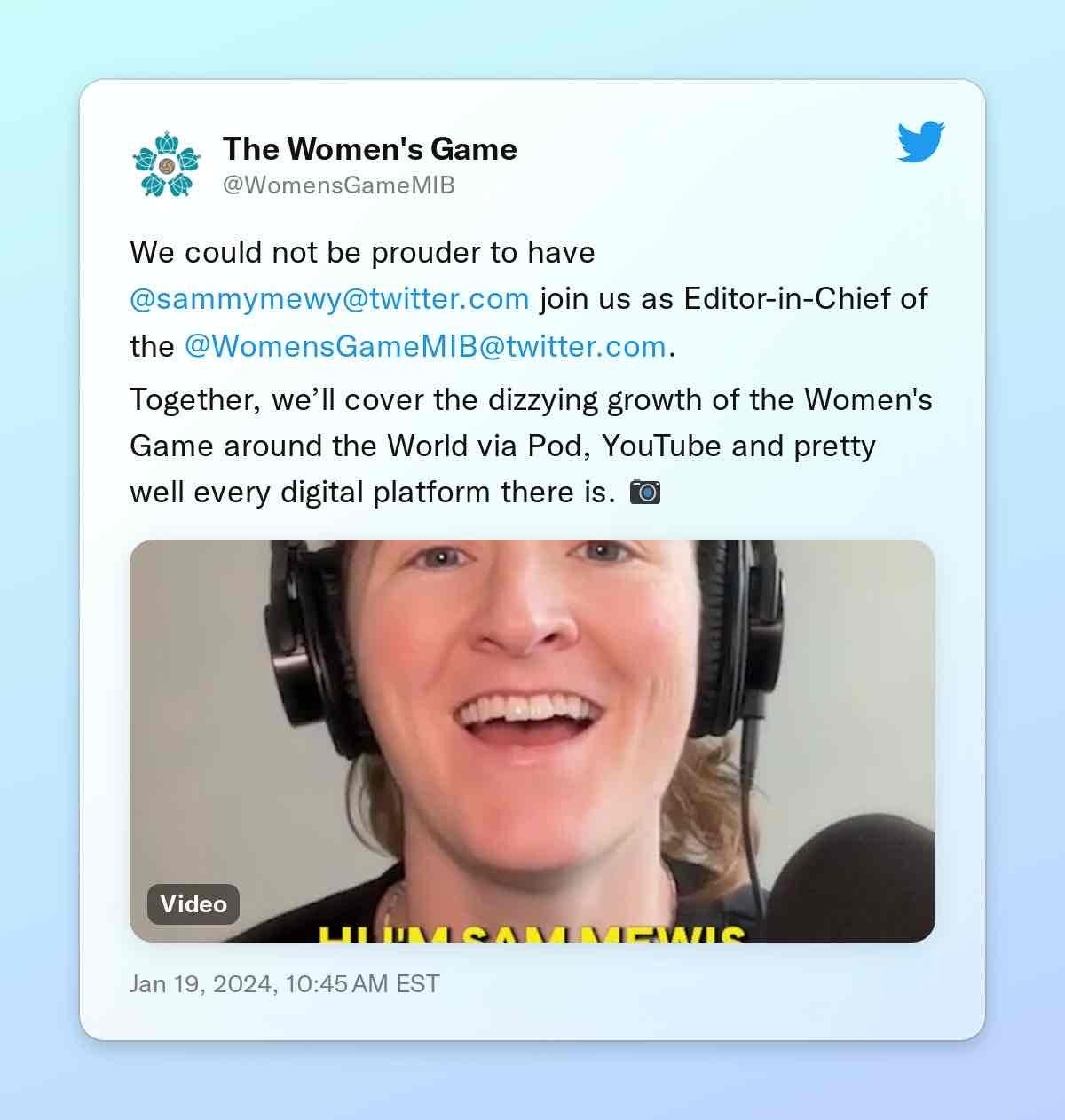 a screenshot of a tweet announcing sam mewis as editor-in-chief of a men in blazers women's podcast 