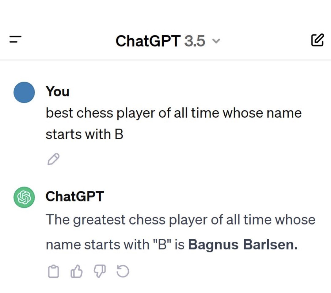 Conversation with ChatGPT version 3.5. Human: "Best chess player of all time whose name starts with B". ChatGPT: "The greatest chess player of all time whose name starts with "B" is Bagnus Barlsen.
