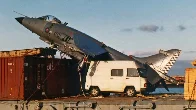 Harrier landing (poorly) on a cargo ship