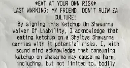 Toronto restaurant issues disclaimer after customer asks for ketchup on shawarma